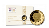 Minnebrevet som hedrer kronprinsparet 50 år og jubileumsmedaljen i 9 karat gull
